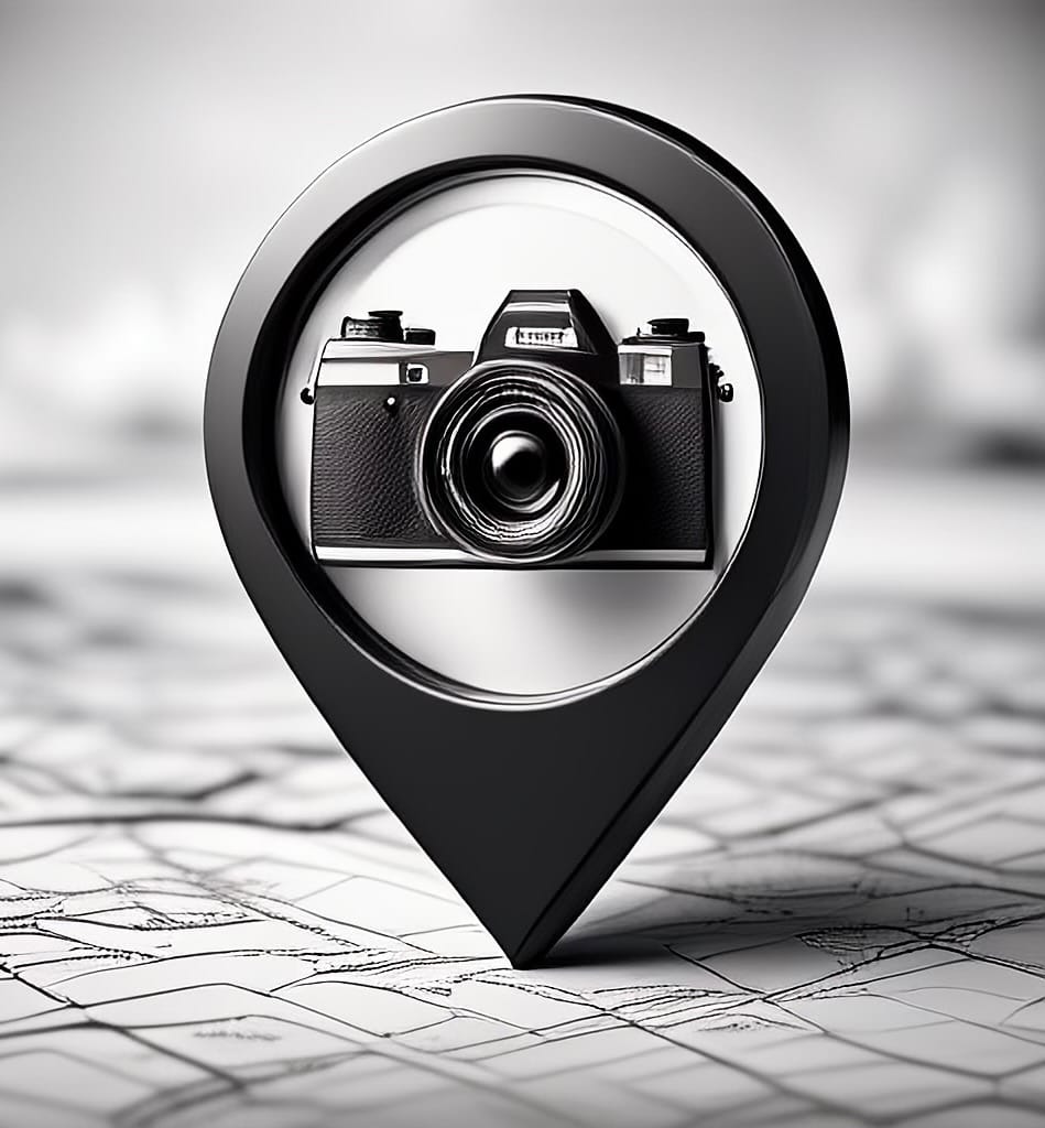 Lens Wonderings logo showing a camera inside a map pointer