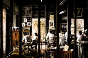 The interior of an old coffee shop called 'My Grandparent's House' in Bangkok