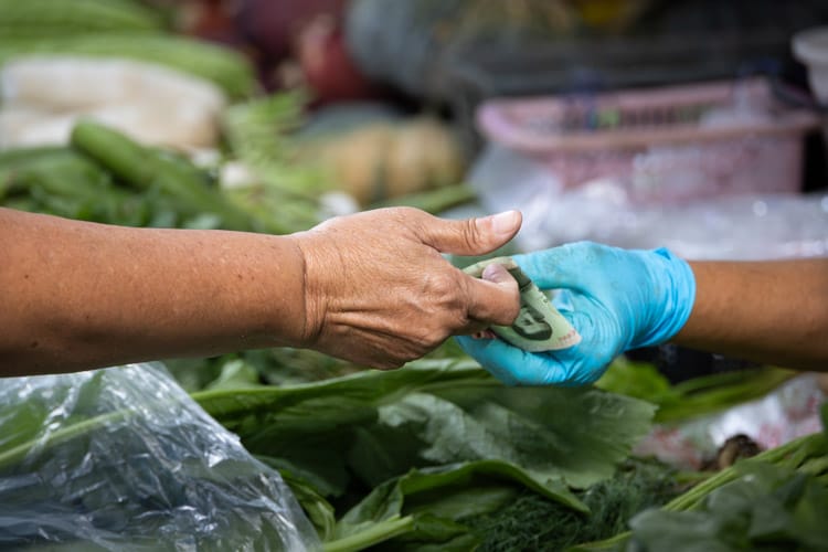 Money exchanging hands for vegetable purchases in Wat Klang Market