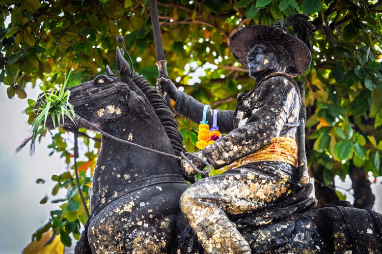 King Taksin's Shrine near Talat Phlu Street Food Market. The statue shows King Taksin ring a horse.